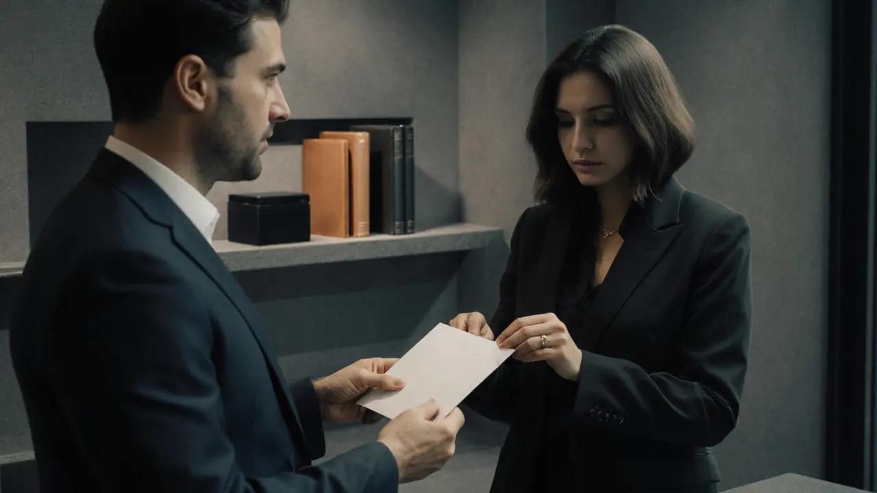 A discreet meeting in a luxury mall concierge office, where a man receives an envelope from a woman with no digital devices visible.