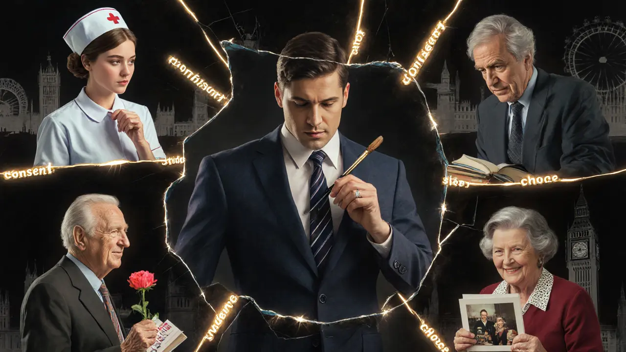 A fractured mirror showing different escort identities, held together by threads of consent and choice.