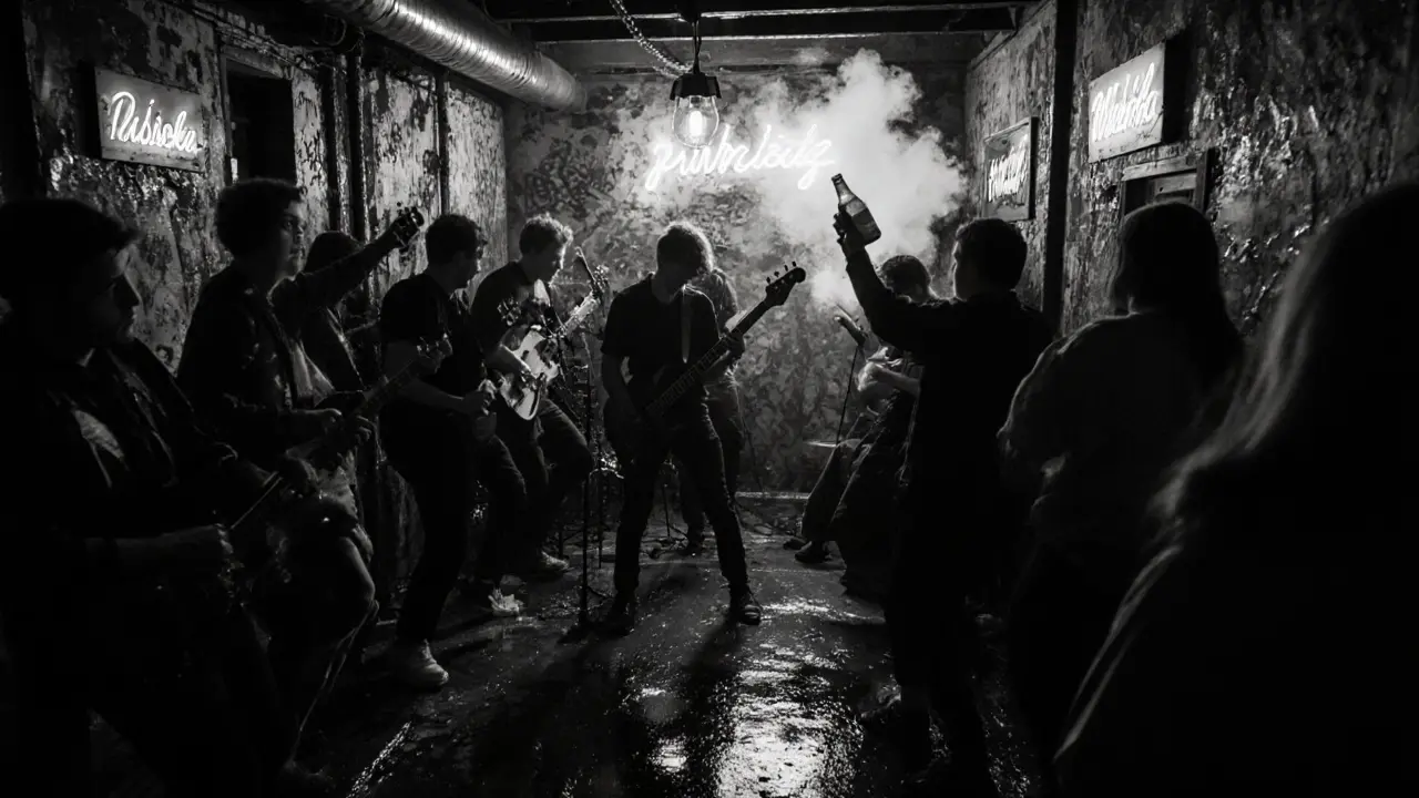 A gritty basement bar in Porta Ticinese with graffiti walls, a live band playing, and a crowd dancing under dim neon lights.