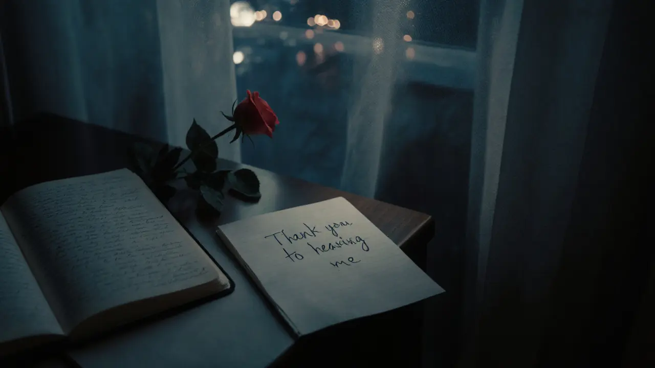A handwritten thank-you note beside a rose and open journal in moonlight, symbolizing emotional connection after a visit.