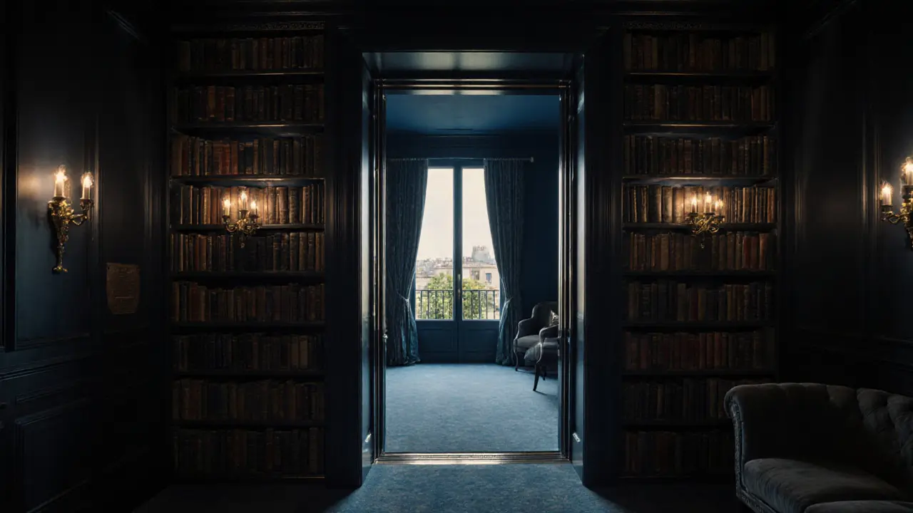 A hidden elevator behind a bookshelf leading to a private hotel corridor.
