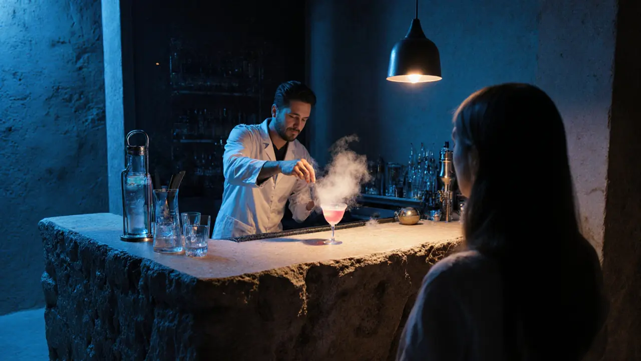 A laboratory-style bar where bartenders use scientific tools to craft a misty rosewater cocktail.
