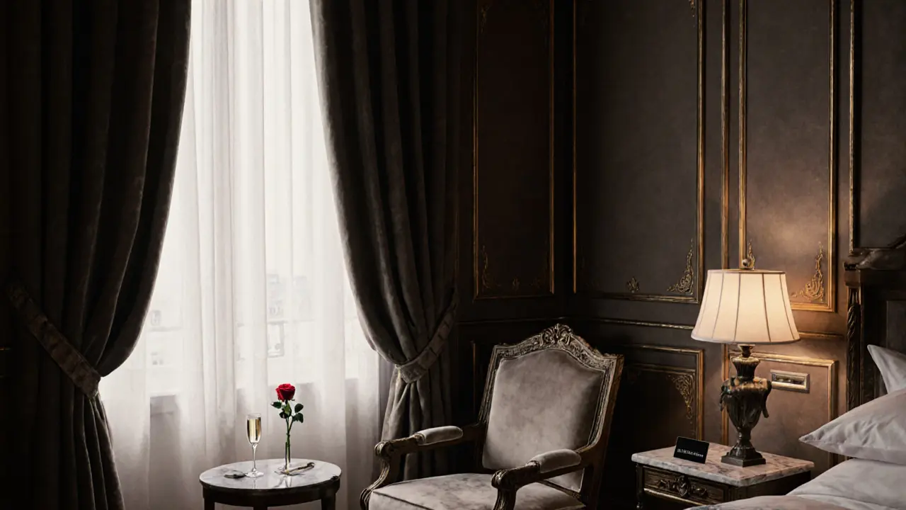 A luxurious hotel suite with velvet curtains, champagne, and a rose, no bed in view, exuding quiet elegance and privacy.