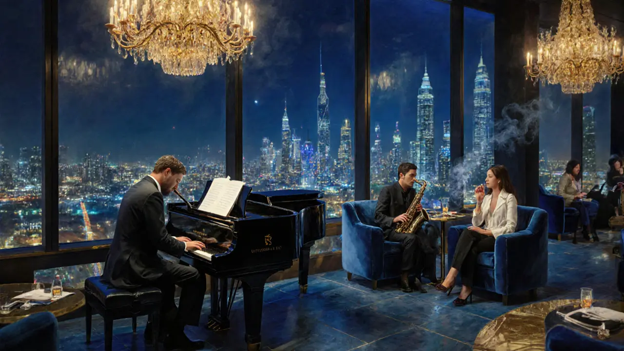A luxurious lounge with a jazz trio playing at night, city skyline visible through large windows, patrons listening in quiet awe.