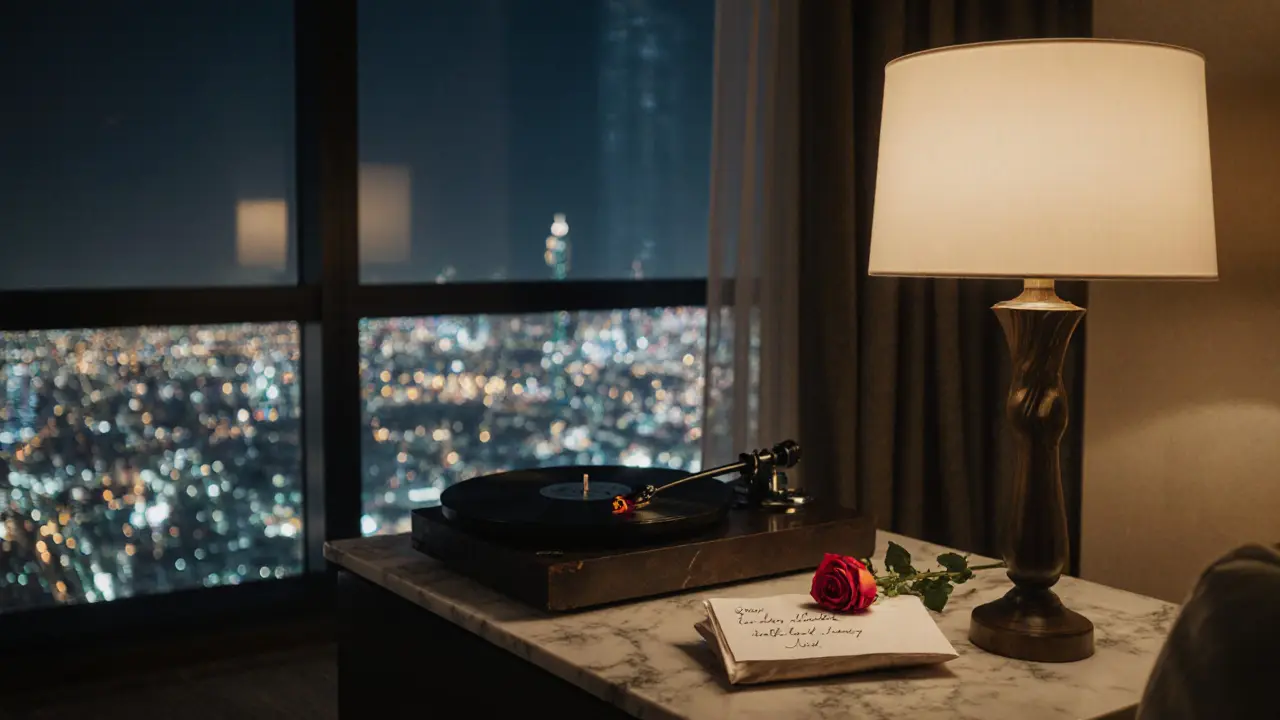 A luxurious penthouse suite with a handwritten note and rose, evoking quiet intimacy.