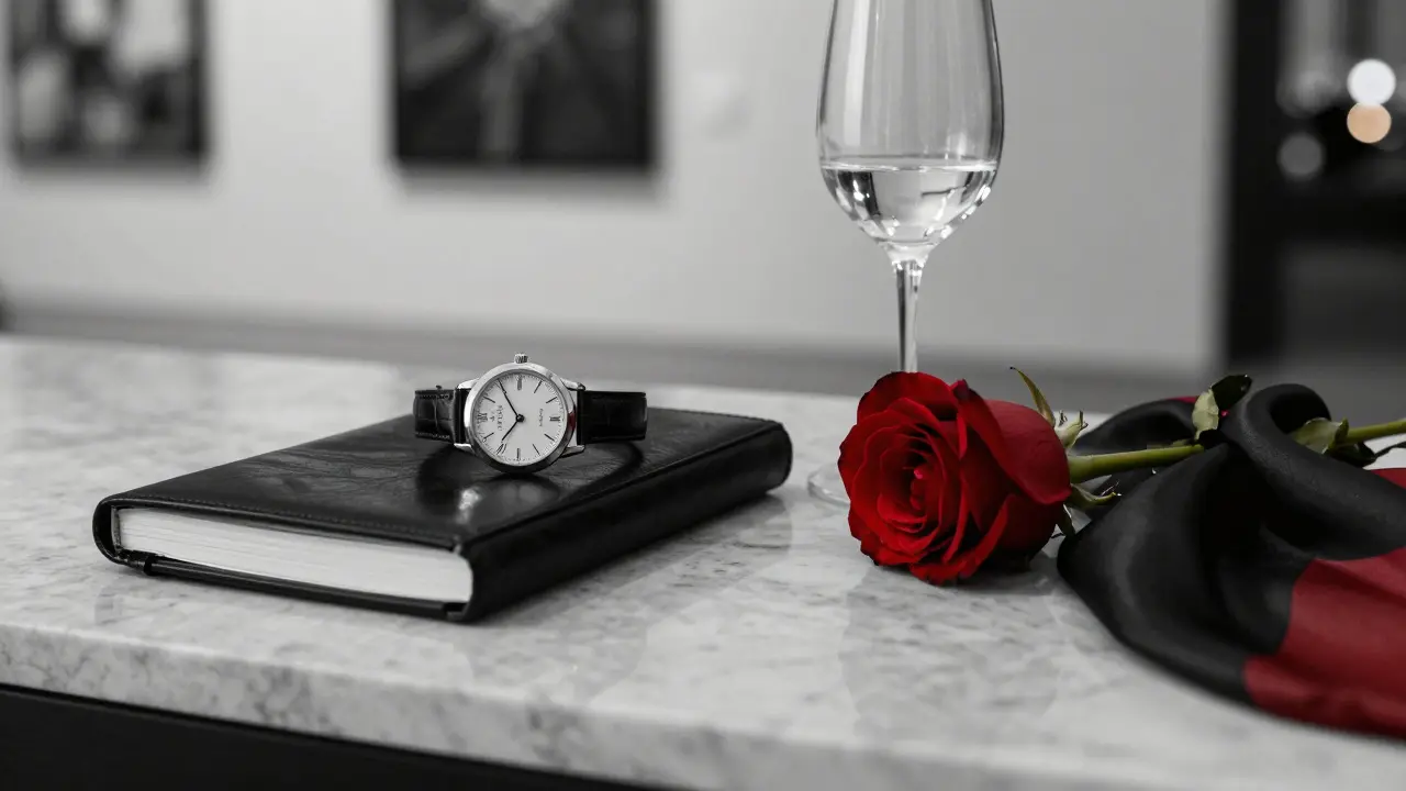 A luxury watch, journal, and rose rest on silk and marble, symbolizing discreet elegance and refined companionship.
