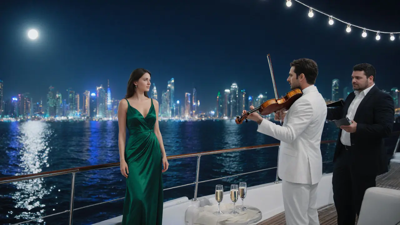 A luxury yacht at midnight with a couple overlooking Dubai’s skyline as a violinist plays softly.