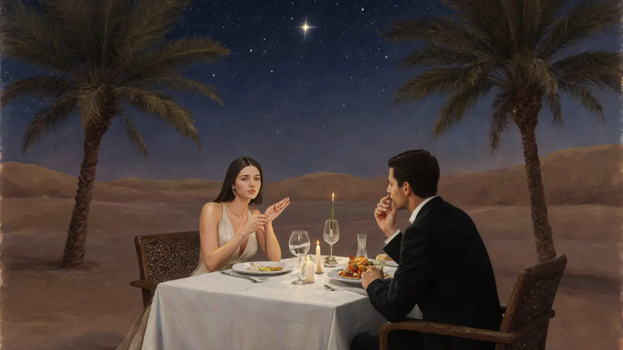 A man and woman dining under desert stars at Al Maha Resort, surrounded by elegance and stillness.