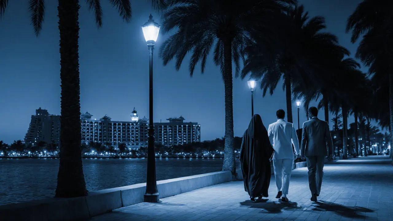 A man and woman walk separately at night along a quiet promenade in Abu Dhabi, maintaining distance and discretion.