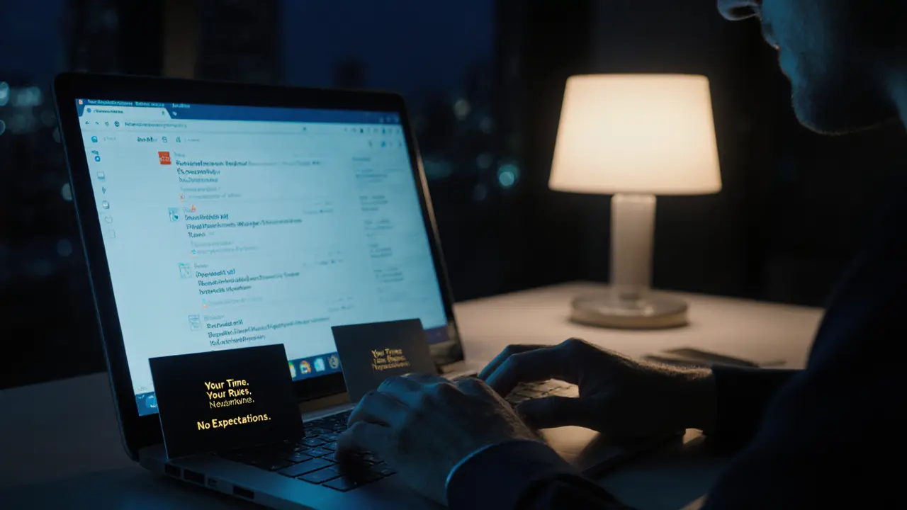 A man in his office stares at a computer, with a companion service card beside him on the desk.