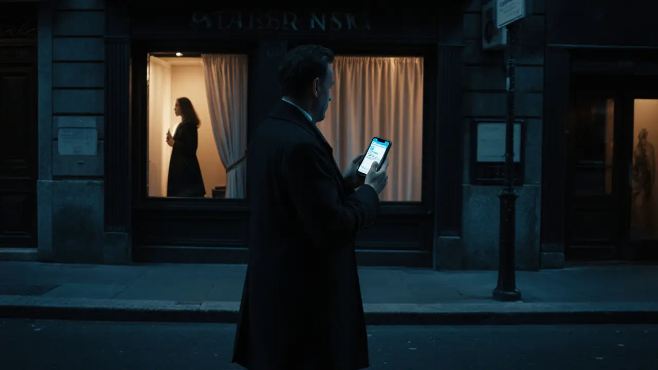A man walks past a discreet Milan boutique at night, holding a phone with encrypted messages.