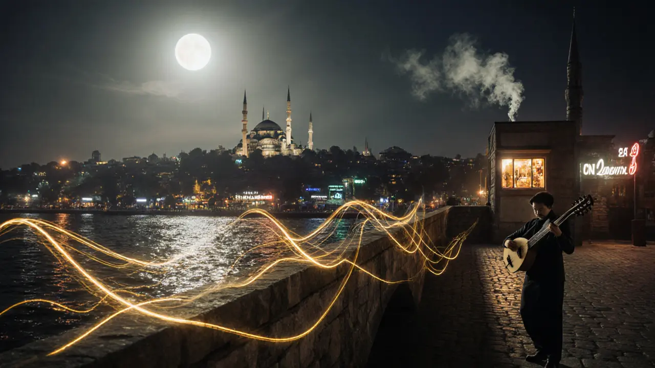 A musician playing oud on a bridge at dawn, golden sound waves blending with the water and city lights.