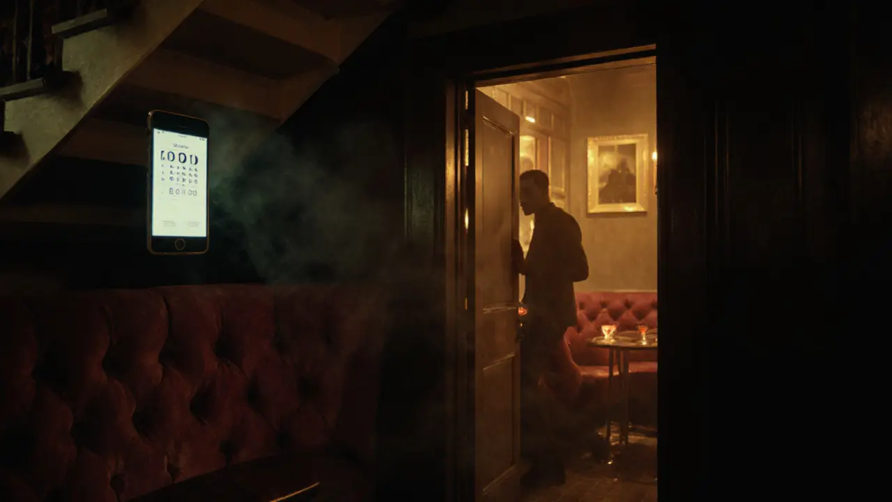 A mysterious entrance to a hidden Soho bar, glowing phone and dim interior hinting at secret nightlife.