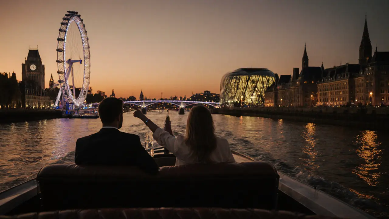 A private boat ride on the Thames at sunset with the city lights reflecting on the water.