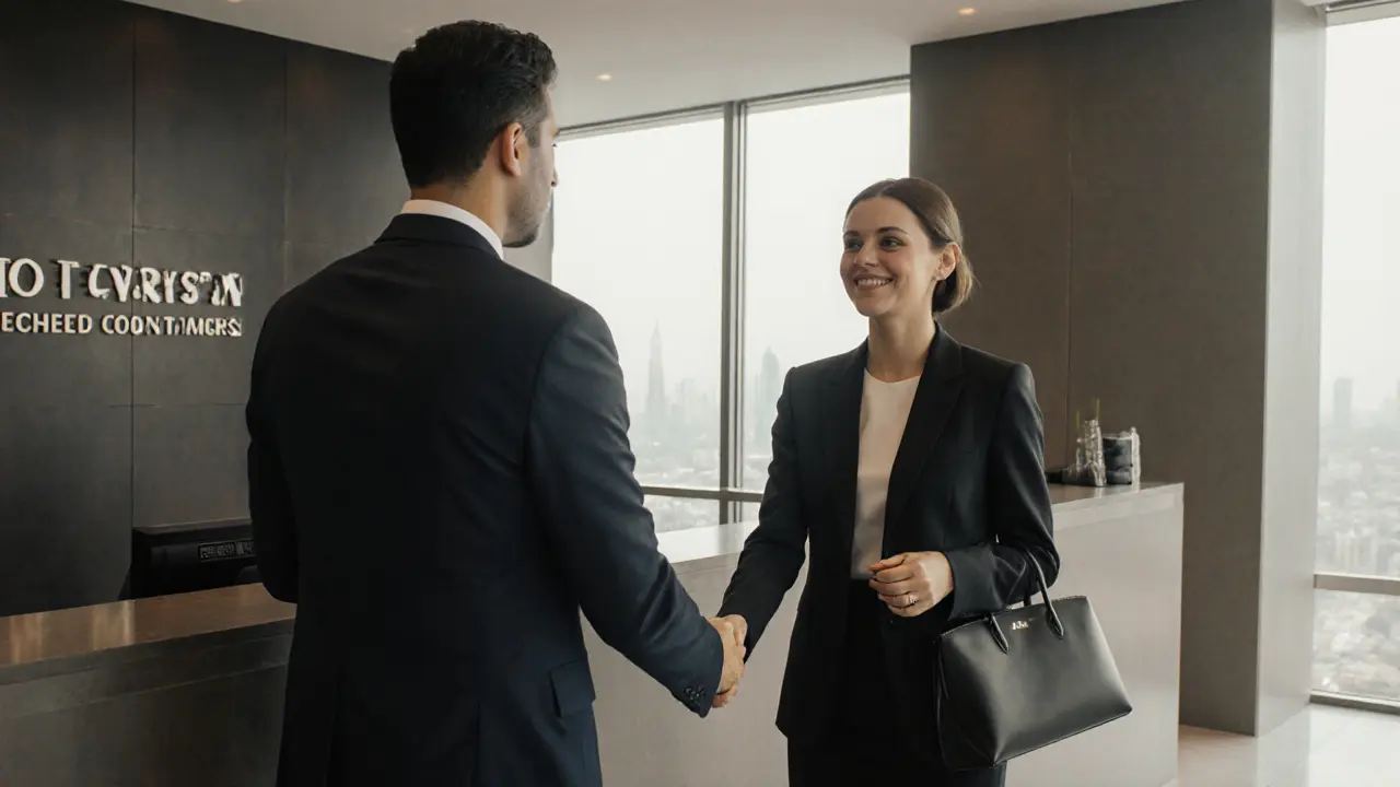 A professional meeting in a luxury hotel lobby in Dubai, man in suit and woman shaking hands, daylight streaming through windows.