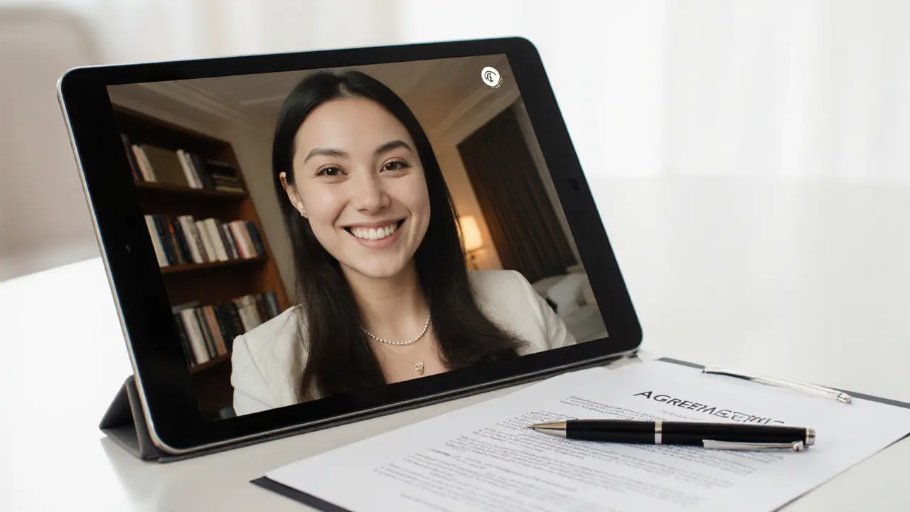 A professional video call between a companion and client, showing trust and transparency in a calm, book-lined setting.