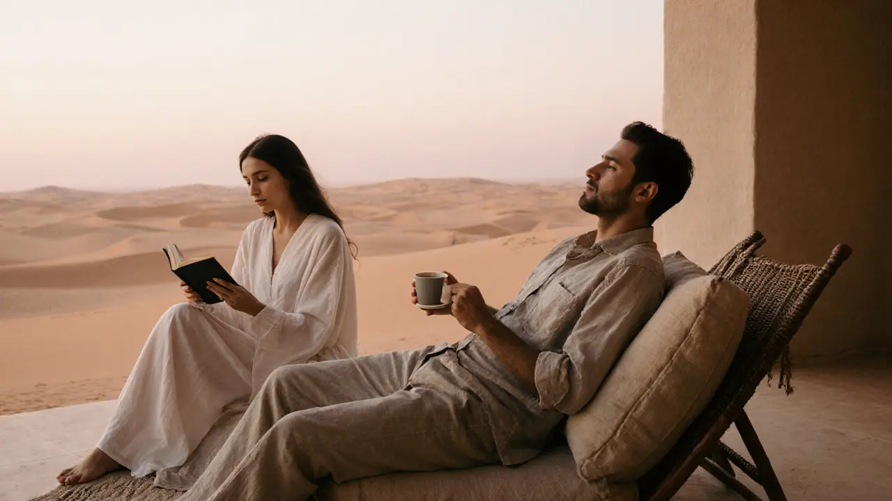 A quiet desert villa at dawn with a woman reading and a man relaxing in serene silence.