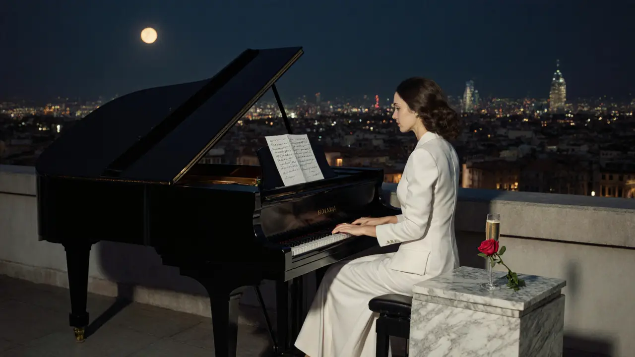 A quiet sophisticate playing piano on a Milan rooftop at night, with a handwritten note and champagne beside her.