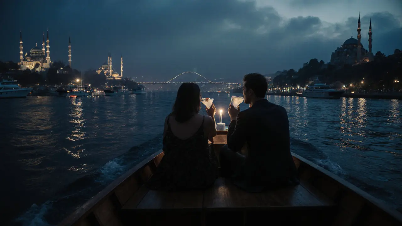 A quiet wooden boat drifting on the Bosphorus at night, lit by mosque lights and reflections on the water.