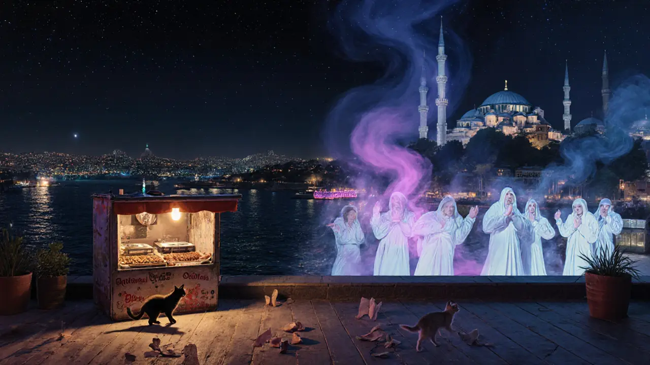 A rooftop DJ blends techno with dervish chants as a kebab stand glows below a starlit sky.