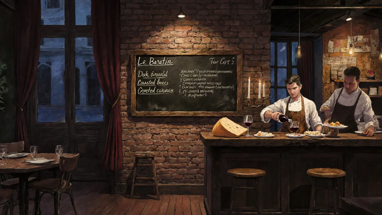 A rustic Parisian bistro with chalkboard menu and chef plating duck confit under candlelight.