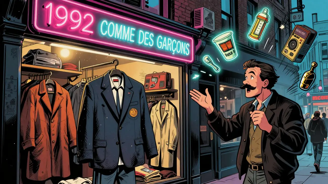 A shopper holding a vintage Comme des Garçons blazer in a neon-lit 24-hour vintage store in Soho, shelves filled with rare fashion pieces.