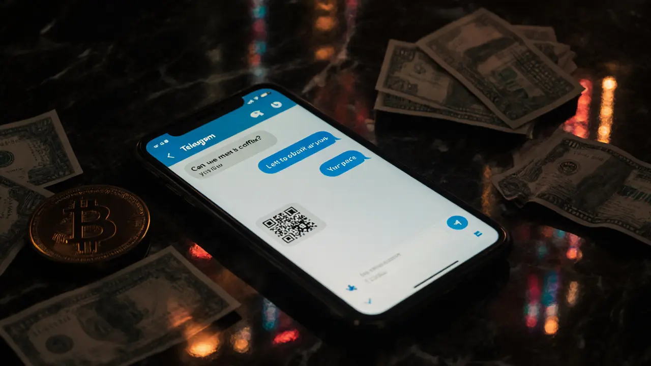 A smartphone screen displaying encrypted chat messages about meeting privately, with cash and cryptocurrency nearby on a marble surface.