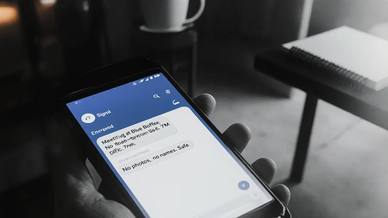 A smartphone screen showing an encrypted message about meeting at a café, no faces visible, emphasizing privacy and safety.
