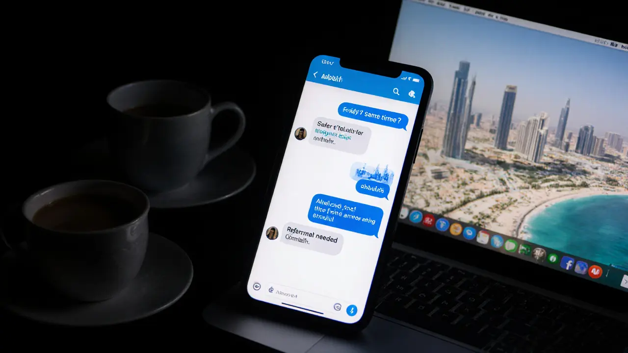 A smartphone screen shows encrypted chat messages about meeting arrangements, lit by dim room light in Abu Dhabi.