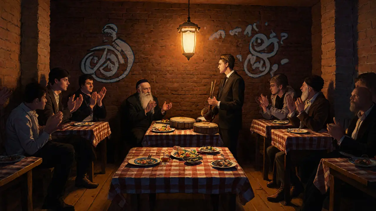 A traditional meyhane at night with a bağlama player and diverse crowd clapping under warm lights.