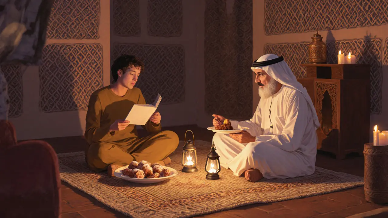 A traveler enjoying traditional Emirati sweets in a cozy home, surrounded by cultural decor and warm lantern light.