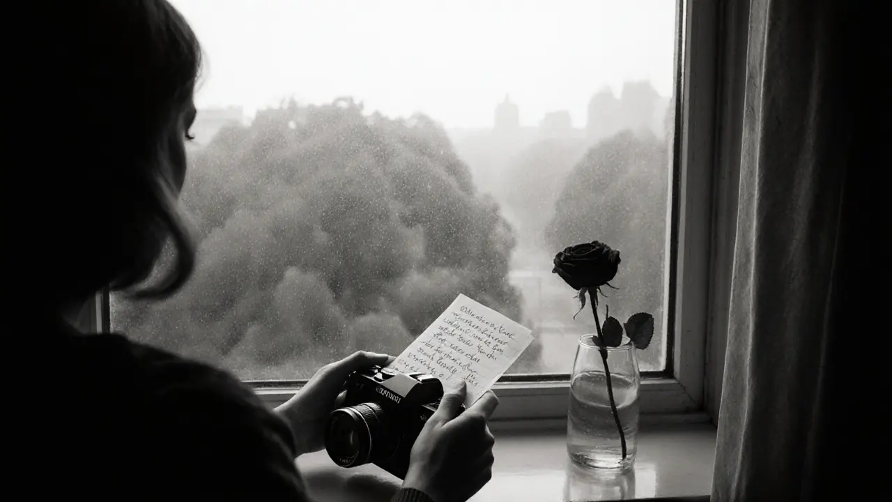 A woman&#039;s hands holding a camera and a note on a windowsill overlooking Tiergarten Park in the morning.
