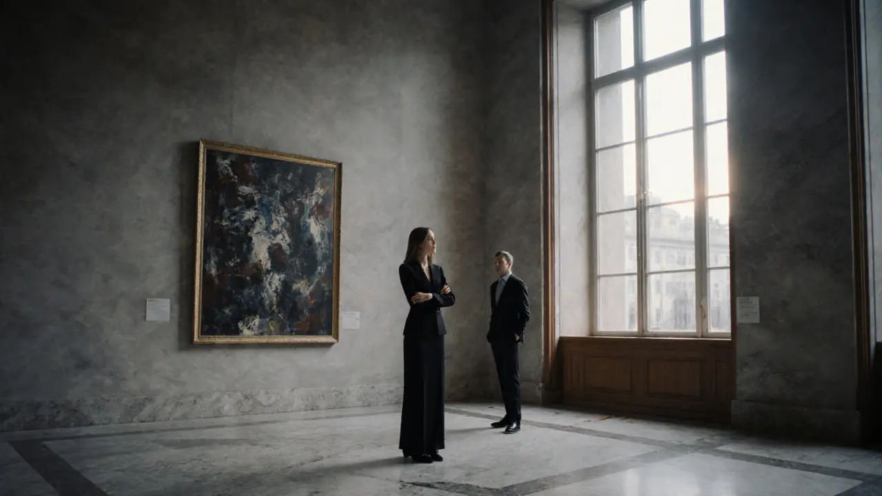 A woman and man stand silently in a museum gallery, sharing an unspoken moment of reflection.