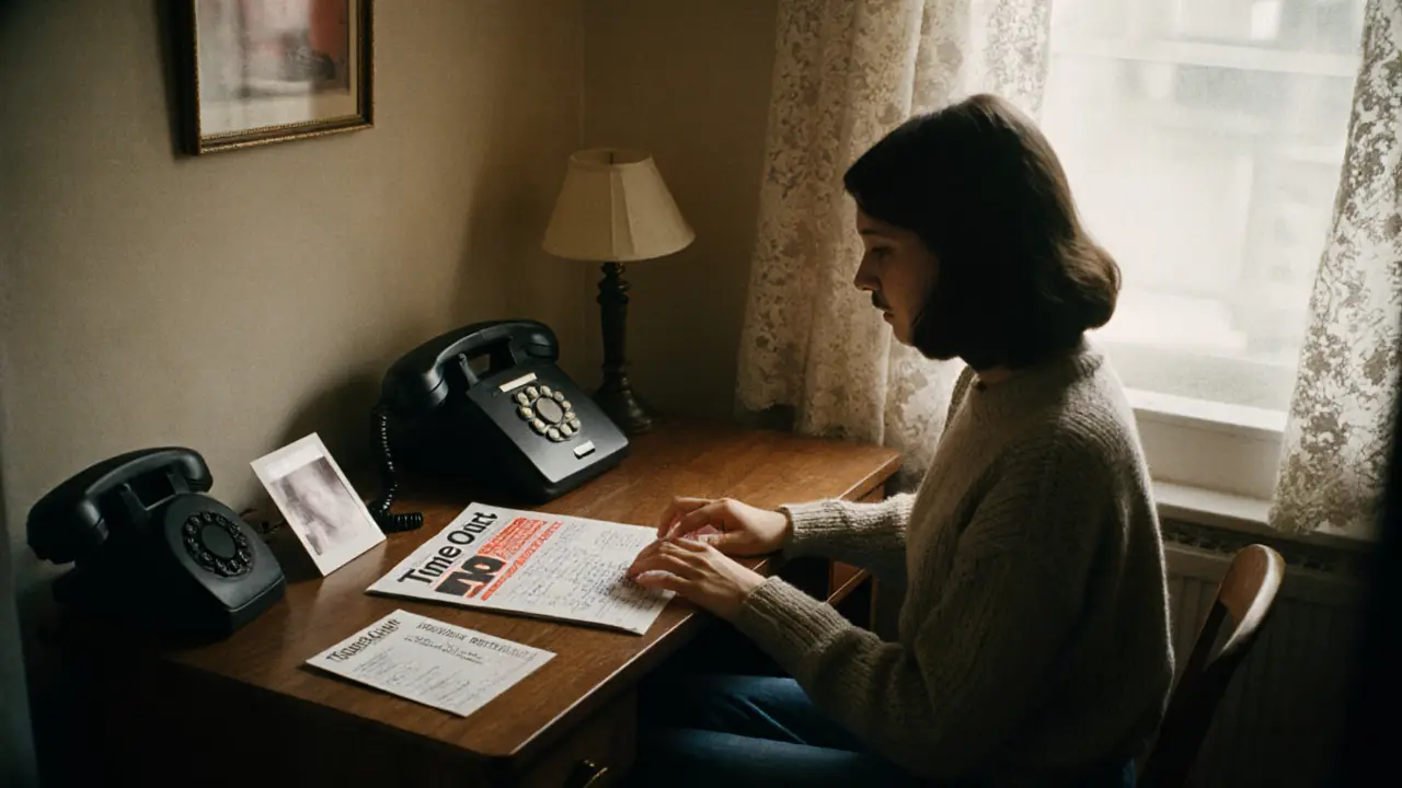 A woman in 1970s London typing an escort ad in Time Out magazine, surrounded by a landline and handwritten prices.