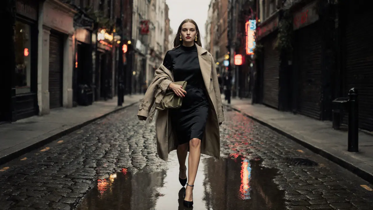 A woman in a black silk dress walks through a Soho alley at night, carrying a small clutch with elegant minimal jewelry.