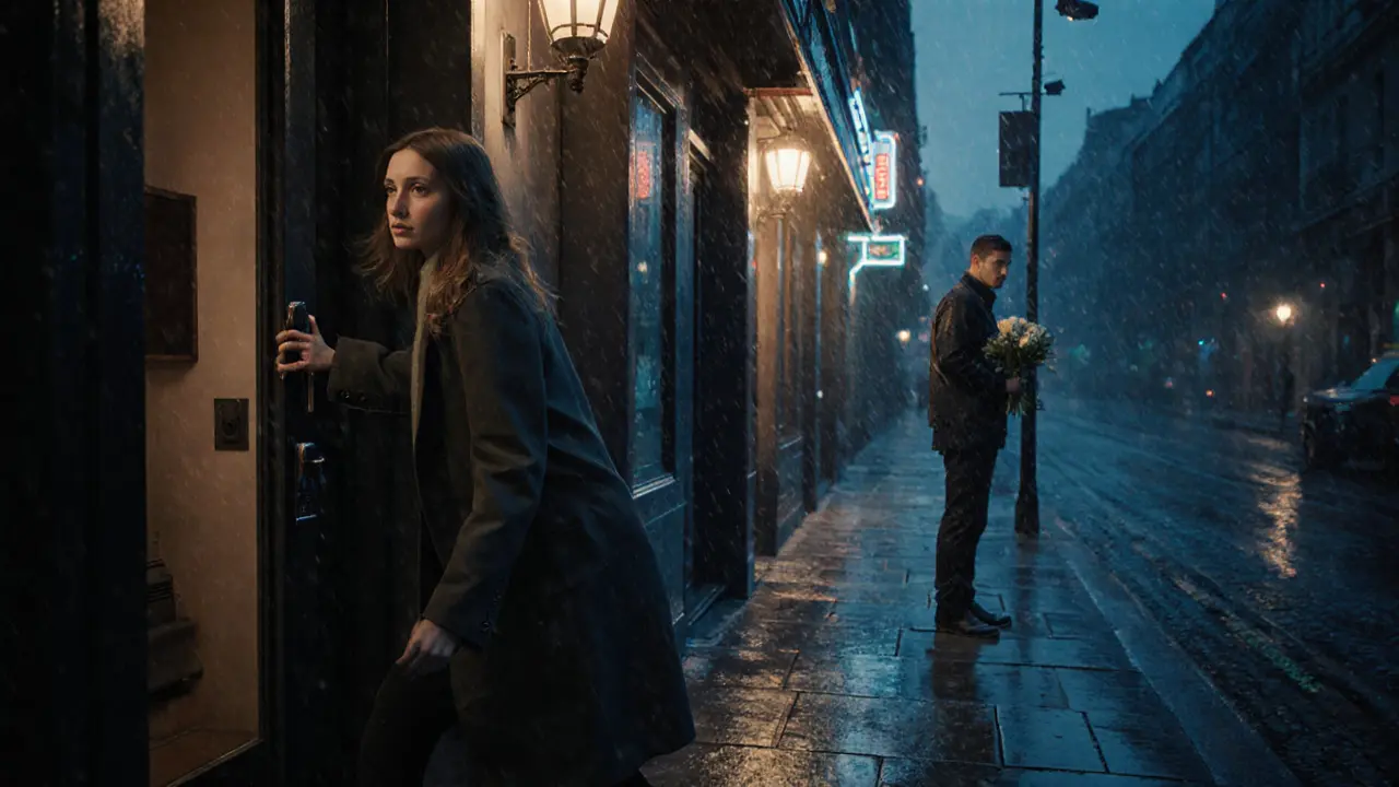 A woman locks a door in a rainy London alley as a man holds flowers outside, surveillance cameras overhead.