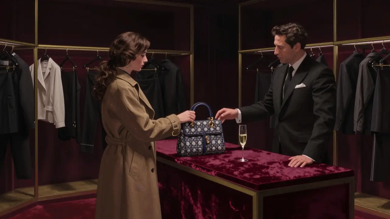 A woman receiving a Dior bag in a quiet, candlelit Gucci boutique in Mayfair, with champagne on the counter and empty luxury racks around her.