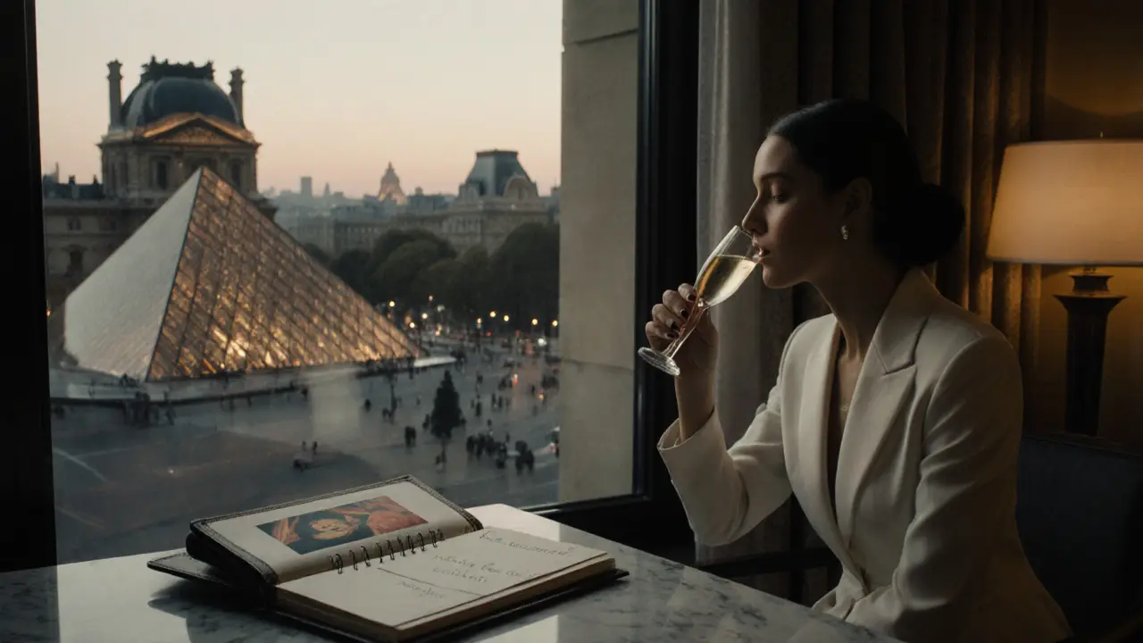 A woman sits by a hotel window in Paris, sipping champagne as the Louvre reflects in the glass.