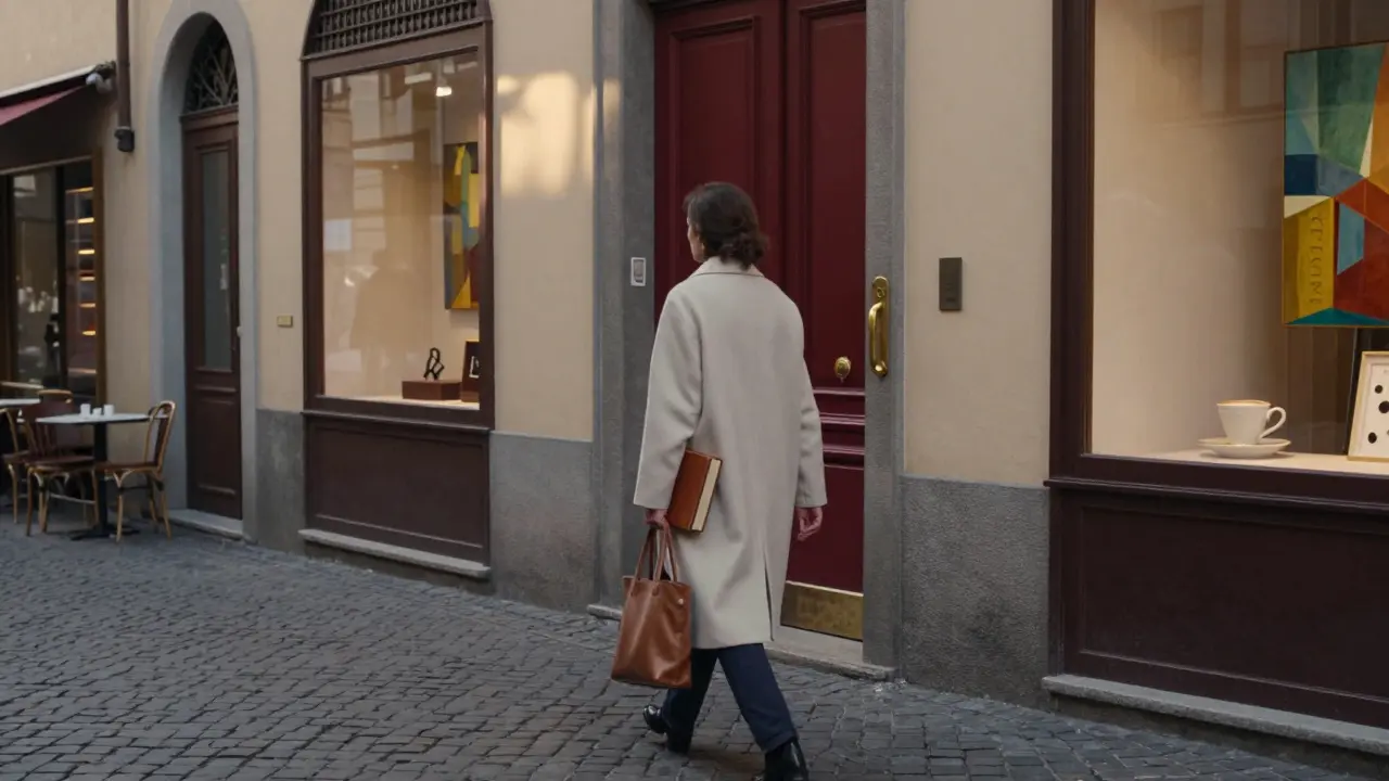 A woman walks alone through the historic Brera district at dusk, passing an unmarked door in a quiet alley.