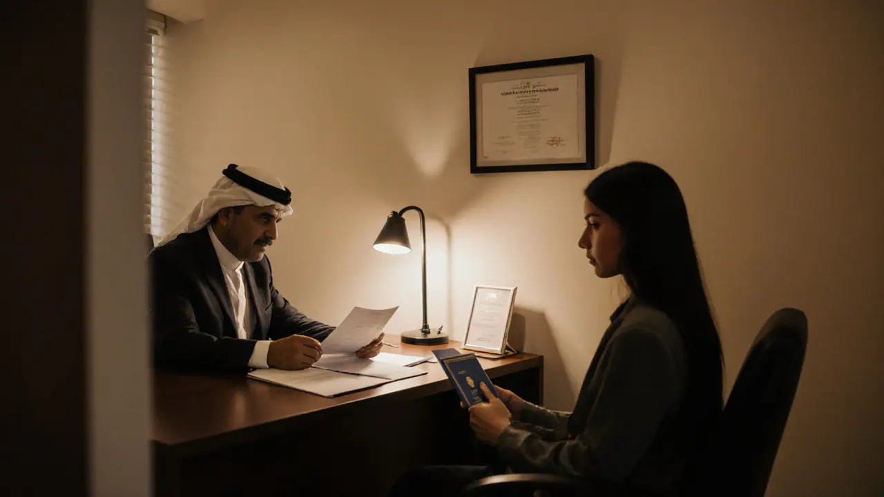 An agency representative reviews identification documents under a desk lamp in a modest office.