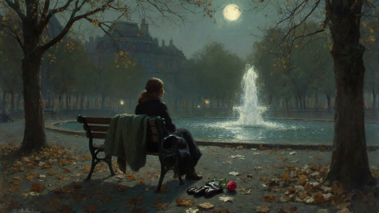 An empty bench in Luxembourg Gardens at twilight, a rose and gloves left beside a coat, moonlight filtering through autumn trees.