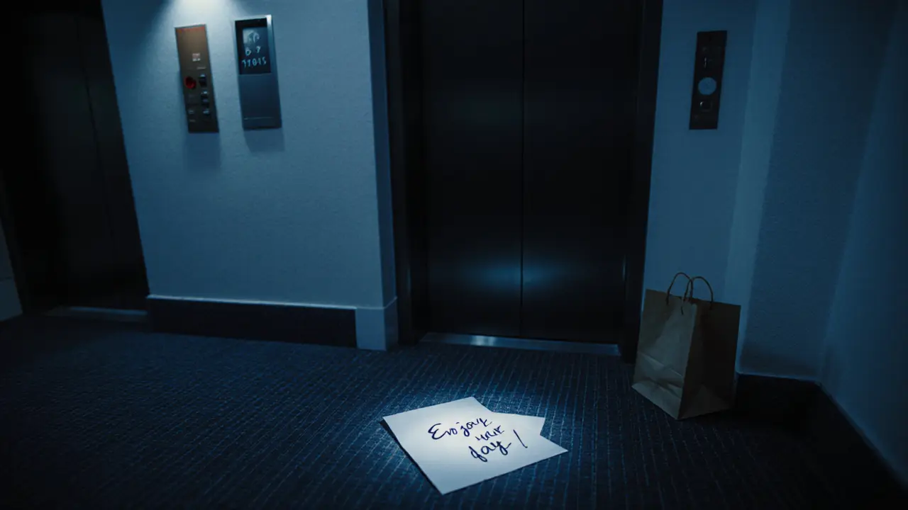 An empty hotel hallway at 3 a.m. with motion-activated lighting and a handwritten note on the floor, no cameras or staff.