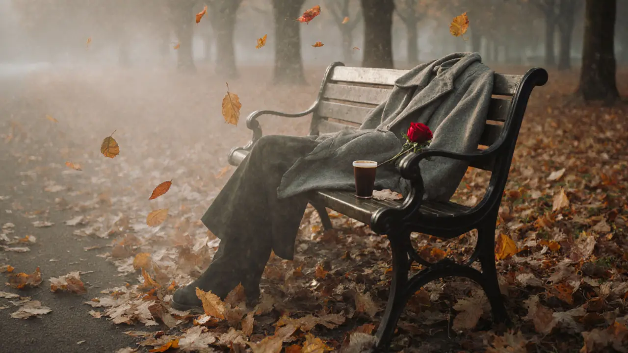 An empty park bench with a coat and coffee cup, a single rose resting on the seat.