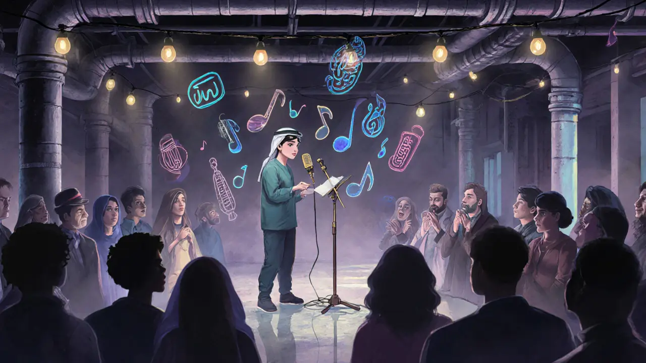 An industrial warehouse open mic night where poetic sound waves rise into the air as diverse listeners absorb the performance.