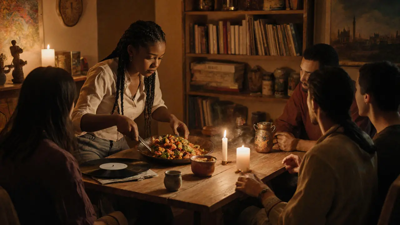 An intimate gathering in a Berlin apartment with food, music, and quiet conversation under candlelight.