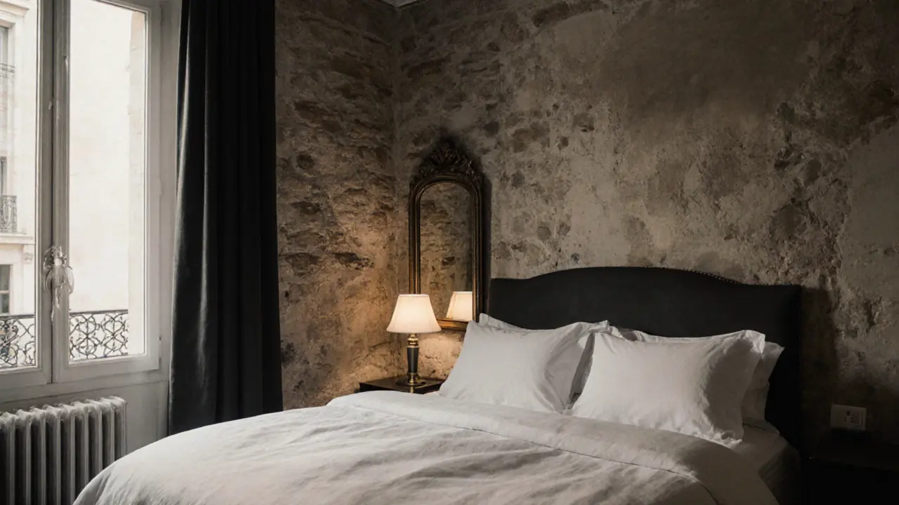 An intimate hotel room with stone walls and a luxurious bed, bathed in warm lamplight.