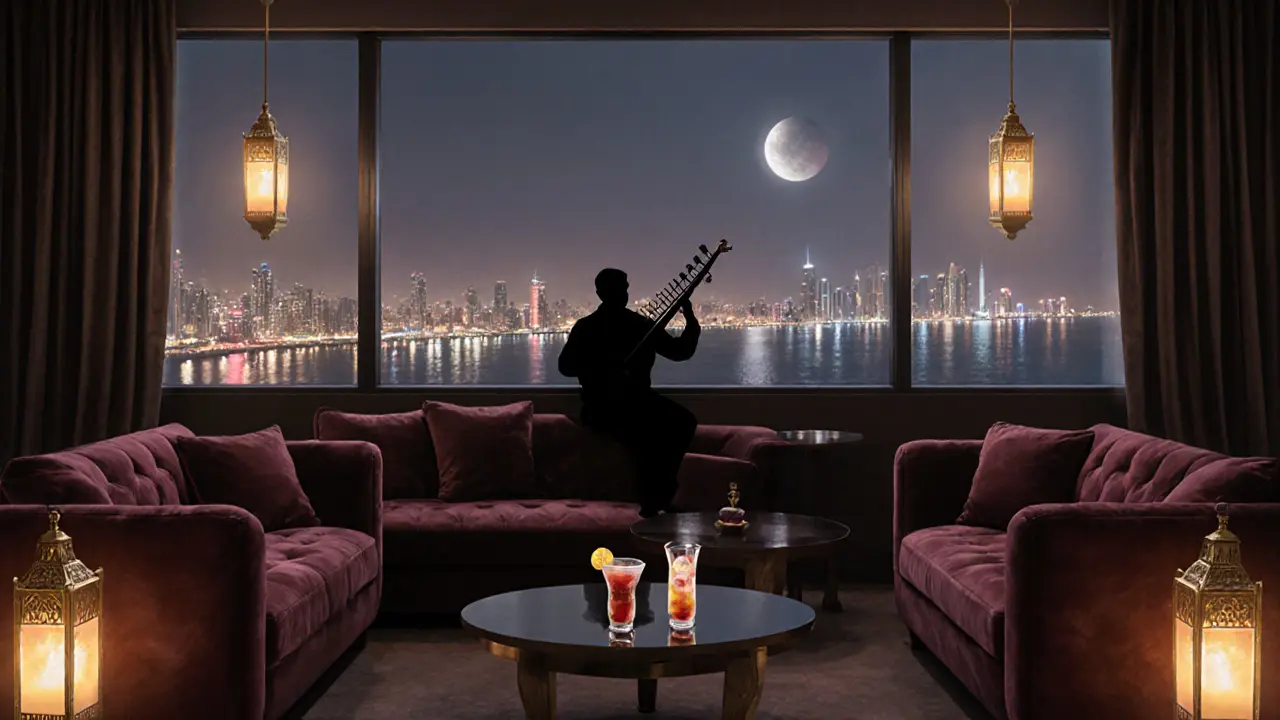 An intimate rooftop lounge with velvet couches and brass lanterns, overlooking Abu Dhabi&#039;s glowing skyline at night.