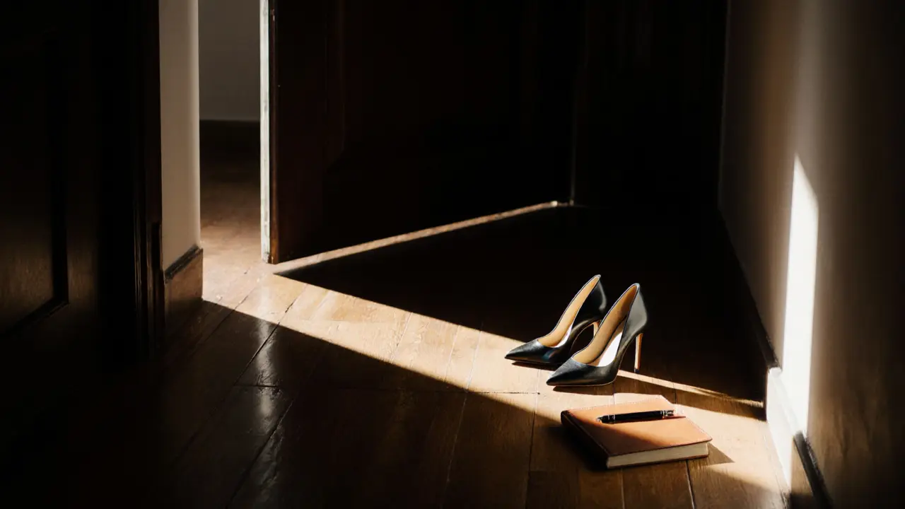An open door in a quiet Milan apartment hallway with heels and a notebook left behind.