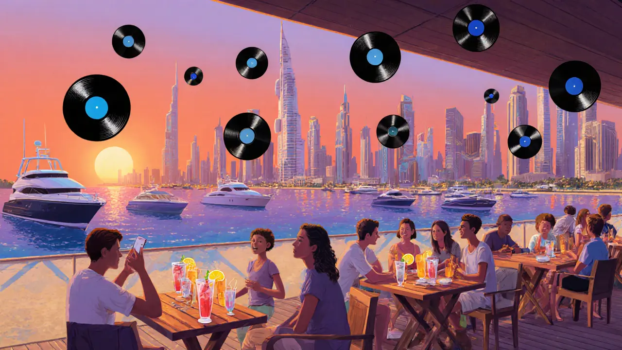 Atmosphere Beach in Dubai Marina at dusk, with yachts, skyline, and guests enjoying cocktails under orange skies.