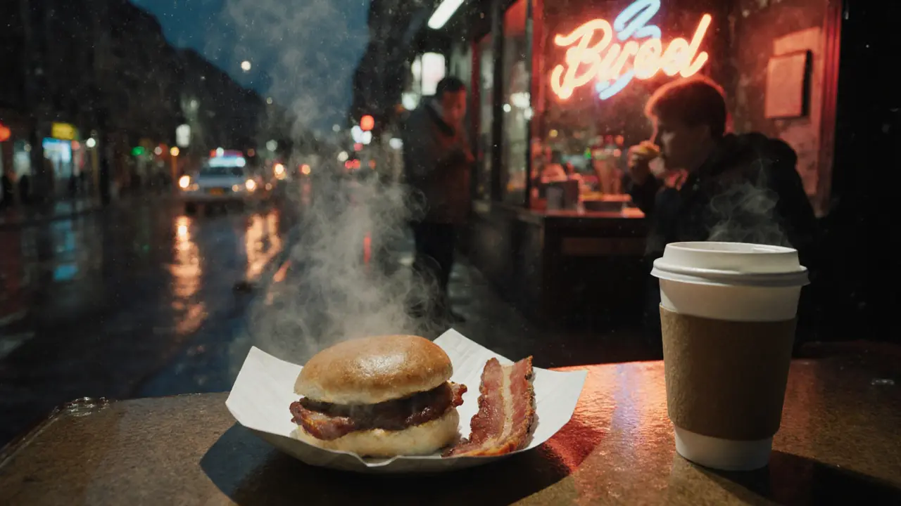 Bacon butty on a plate at a 24-hour diner, steam rising as rain glistens on the wet street outside.